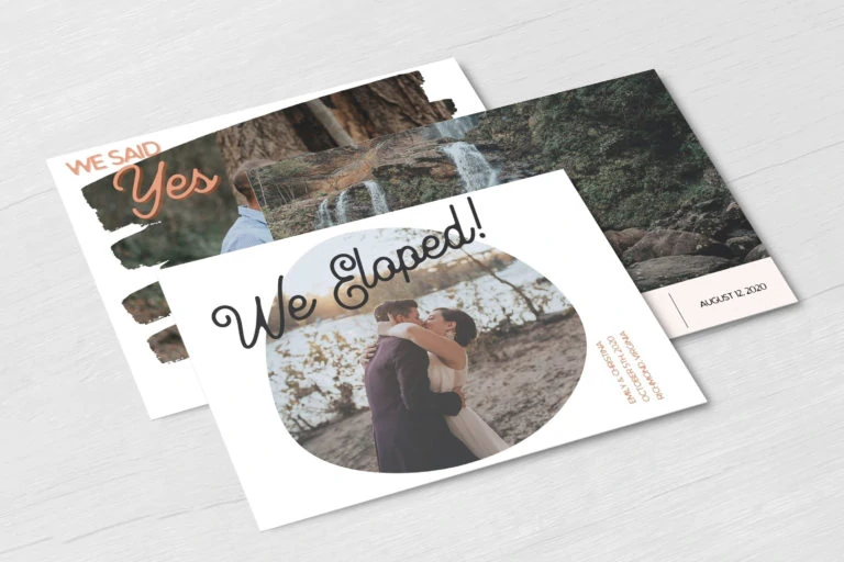 Three different elopement wedding announcement postcards in a stack