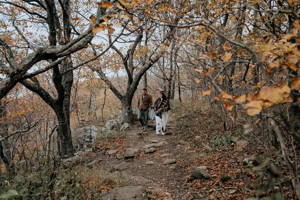 A couple eloping in the mountains in Shenandoah National park hikes along a mountaintop trail.