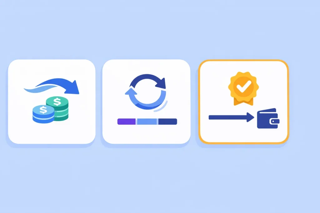 Three free spins no deposit bonus formats compared side by side: winnings conversion, standard wagering, and no wager.